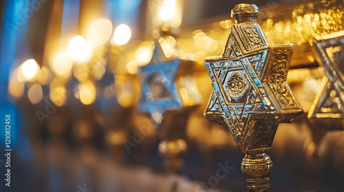 Intricate Golden Star of David Ornaments with Warm Candlelight Background : Generative AI photo