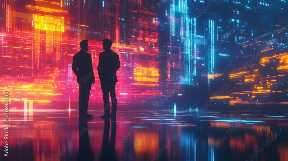 Silhouettes of professionals with glowing holographic charts, futuristic and dynamic, trust and partnership, high detail, vibrant and sleek, economic visualization Silhouettes of professionals with glowing holographic charts, futuristic and dynamic, trust and partnership, high detail, vibrant and sleek, economic visualization