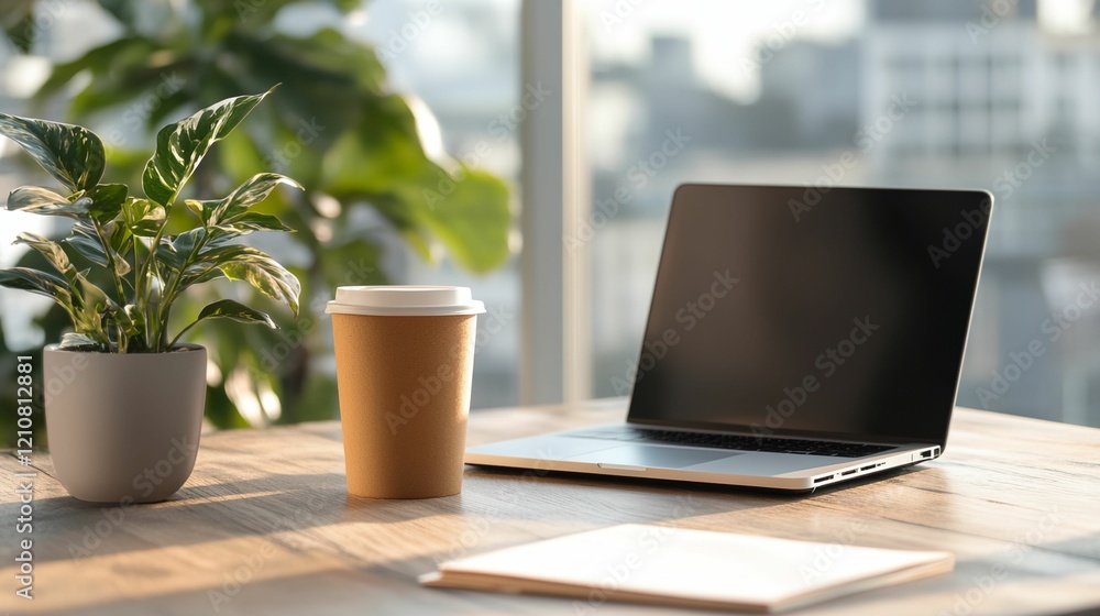 Laptop is on a table with a plant and a cup of coffee Laptop is on a table with a plant and a cup of coffee