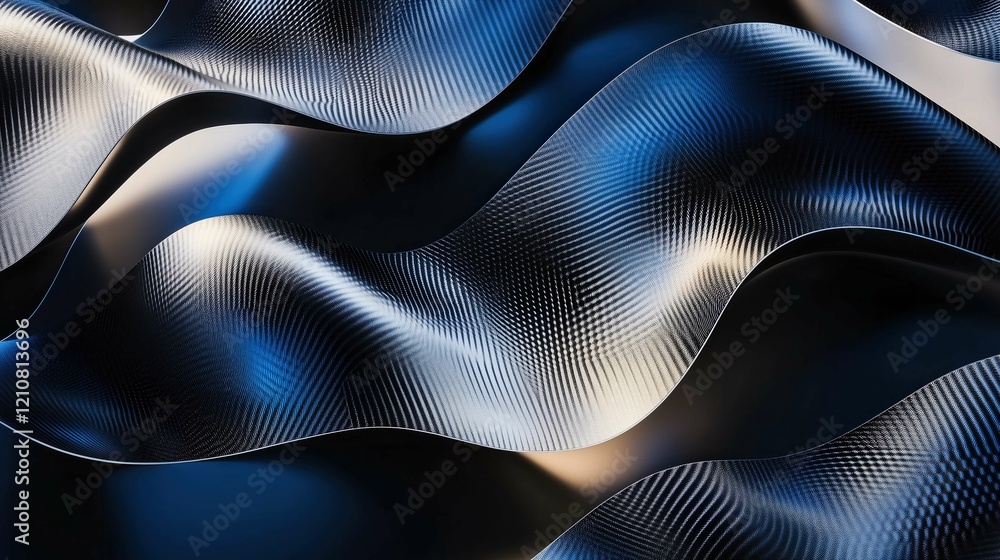 Naklejka premium Metallic abstract curves in navy and silver tones, creating an elegant, dark background