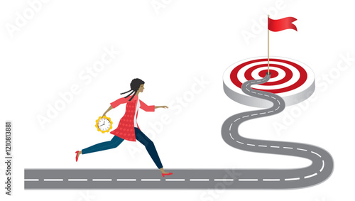Woman running towards winding road to goal, bringing her clock. Deadline, goals and plan. Vector illustration.
