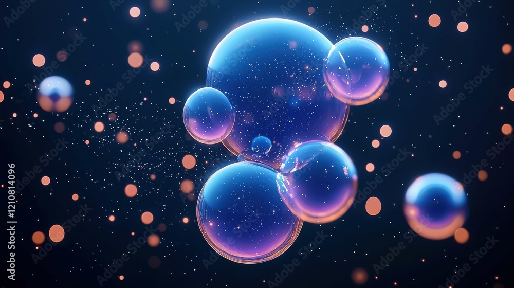 A collection of luminous bubbles floating in a dark cosmic background with sparkling lights, creating an abstract and modern ambiance. A collection of luminous bubbles floating in a dark cosmic background with sparkling lights, creating an abstract and modern ambiance.
