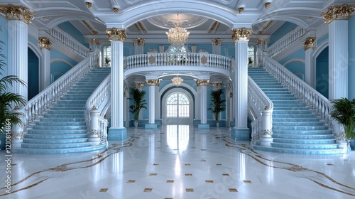 Grand Blue Staircase in Luxurious Mansion Entrance