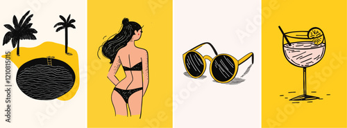 Summer holiday and travel hand drawn style poster illustration set