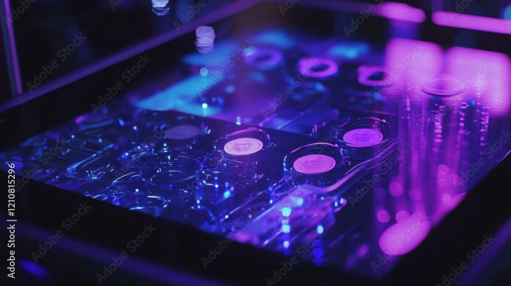 Close up of illuminated petri dishes with samples in a dark laboratory, highlighting biotechnological research and the allure of scientific innovation Close up of illuminated petri dishes with samples in a dark laboratory, highlighting biotechnological research and the allure of scientific innovation