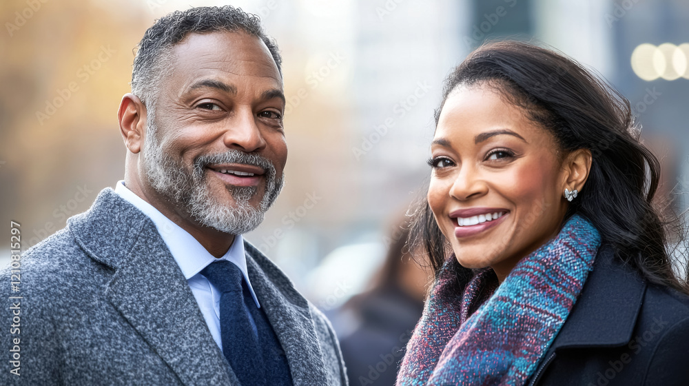 Smiling professional couple outdoors in autumn.
Smiling professional couple outdoors in autumn.