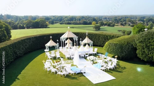 A beautifully arranged outdoor wedding venue with elegant decorations.