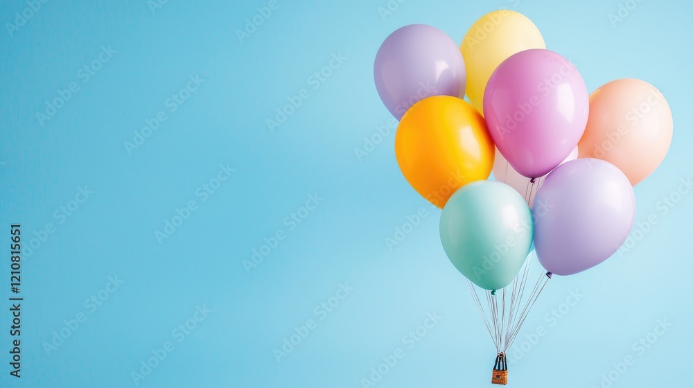 Naklejka premium Pastel balloons floating, blue background, celebration