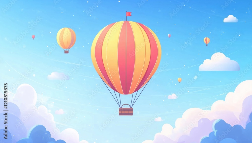 Obraz premium Dreamy Adventure: Hot Air Balloon Romantic Festival - Round Bright Sky Travel Aerostat With Gas Ined Striped Flight Air Balloon Rising Up In Red Blue Yellow Airship.