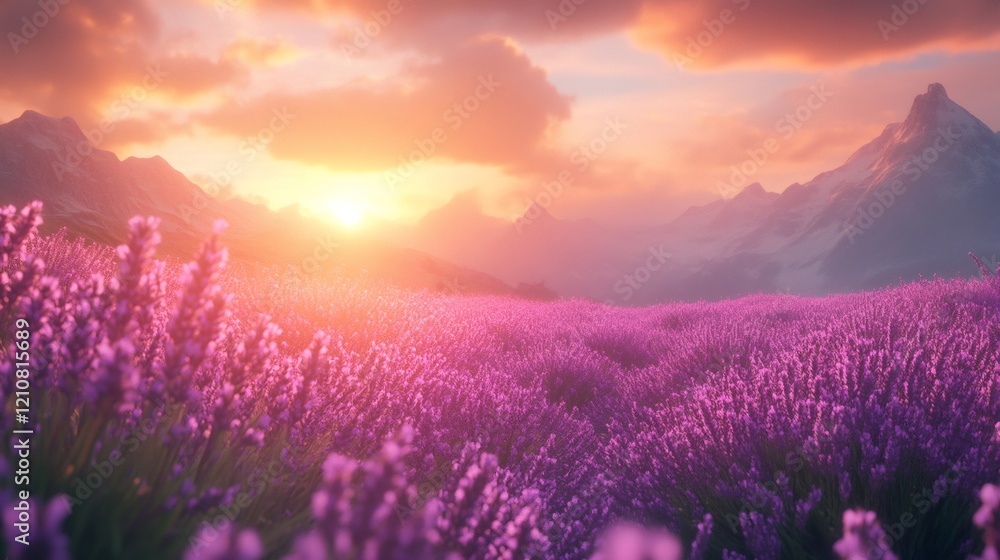Fototapeta premium Scenic view of a lavender field in the mountains at sunset
