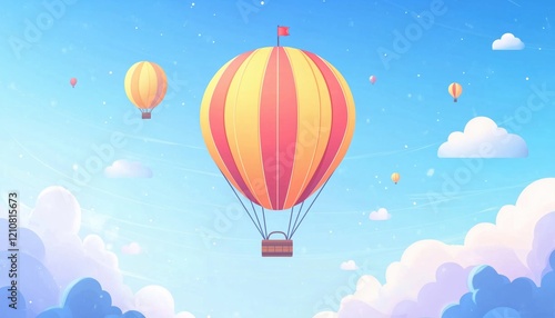 Dreamy Adventure: Hot Air Balloon Romantic Festival - Round Bright Sky Travel Aerostat With Gas Ined Striped Flight Air Balloon Rising Up In Red Blue Yellow Airship. photo