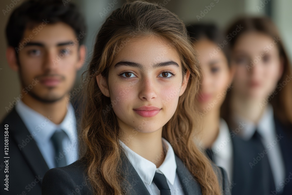 Confident and Professional. A young woman in a crisp black blazer and white shirt confidently gazes directly at the camera. Her peers, dressed in similar attire, stand behind her.