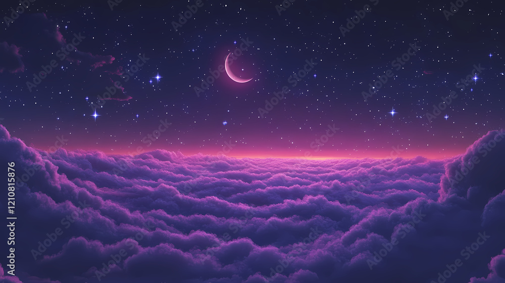 Naklejka premium A breathtaking nightscape with a crescent moon amidst a cascade of stars over a sea of clouds. ideal for fantasy or dream-themed projects. Stellar Cascade. Illustration