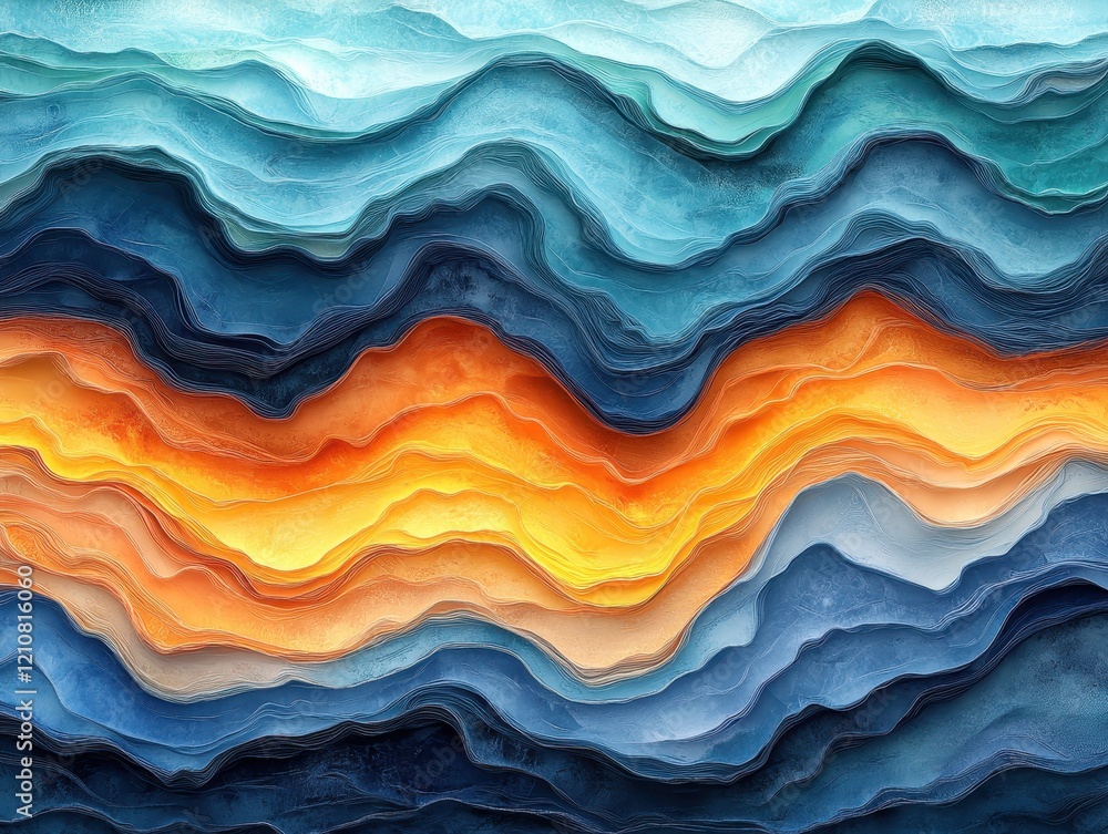 Obraz premium Abstract layered waves in shades of blue, orange, and cream.