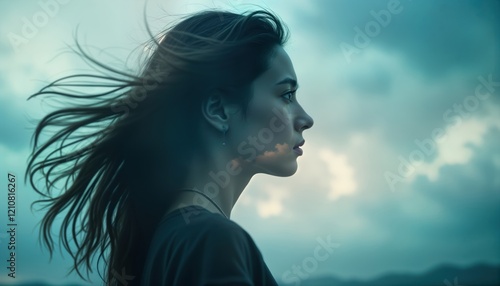 Wallpaper Mural Woman stands outdoors under dramatic sky. Clouds overlap face, hair. Expression conveys inner turmoil. Scene conceptual ideas about depression, anxiety. Artistic double exposure photo shows Torontodigital.ca