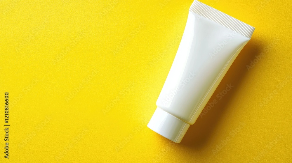 Sunscreen tube with a white cap on a bright yellow background, symbolizing summer skincare. Sunscreen tube with a white cap on a bright yellow background, symbolizing summer skincare.