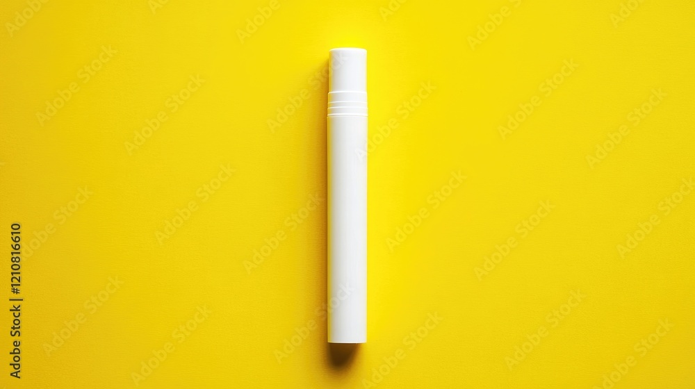 Sunscreen tube with a white cap on a bright yellow background, symbolizing summer skincare. Sunscreen tube with a white cap on a bright yellow background, symbolizing summer skincare.