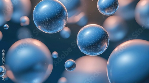A vibrant image featuring translucent blue spheres with floating bubbles and light reflections. The background adds depth and elegance.