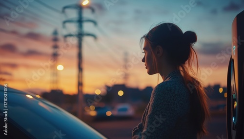 Close-Up Shot Of Woman Recharging Ev Car Battery At Station Connected To Power Grid Tower In The Sky: Eco-Friendly Vehicle Industry photo