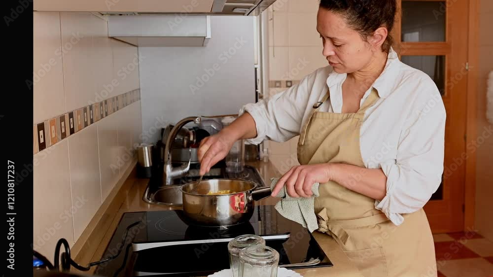 Woman in Apron Stirs Ingredients in Saucepan on Stovetop, Preparing a Delicious Meal Woman in Apron Stirs Ingredients in Saucepan on Stovetop, Preparing a Delicious Meal