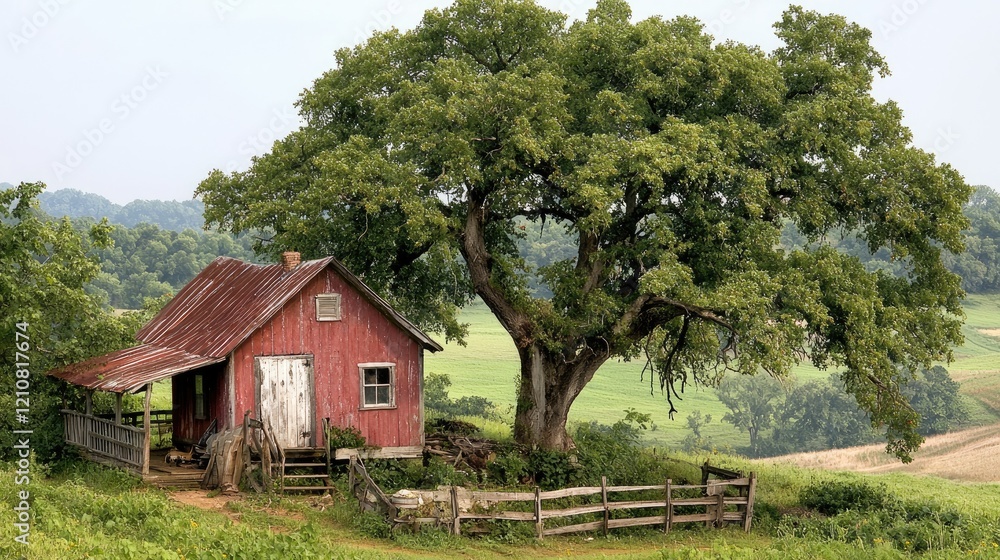 Rustic red cabin, large tree, hilly farmland, peaceful scene Rustic red cabin, large tree, hilly farmland, peaceful scene