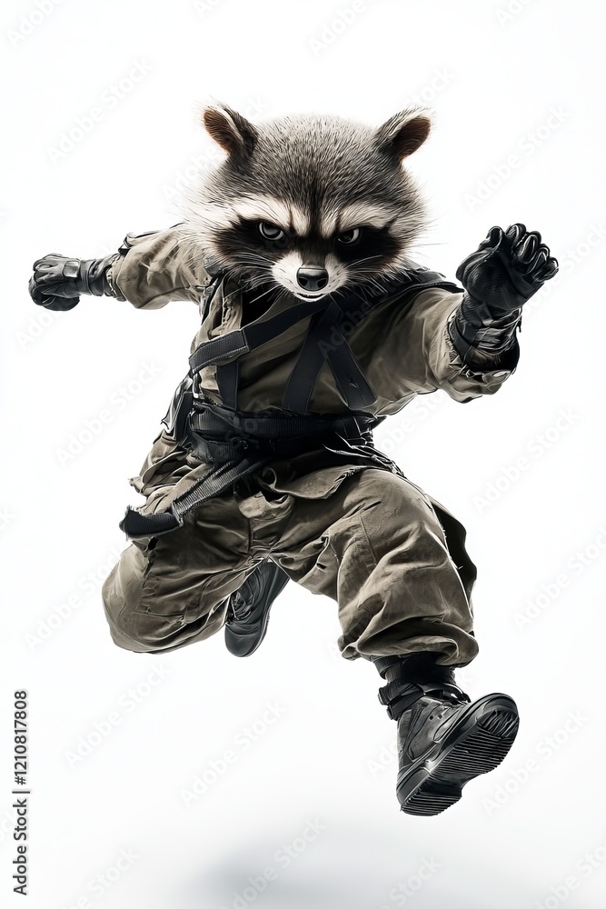 A dynamic raccoon character in combat gear leaps energetically, showcasing playful action and vibrant colors. A dynamic raccoon character in combat gear leaps energetically, showcasing playful action and vibrant colors.