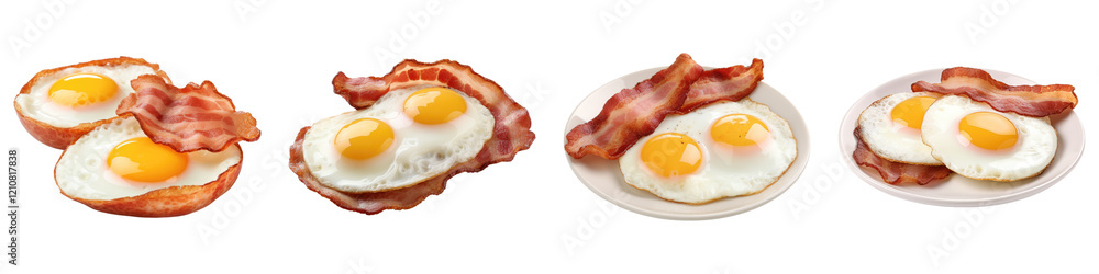 Two eggs and bacon for healthy breakfast isolated on transparent background, PNG, Set of Two eggs and bacon for healthy breakfast isolated on transparent background, PNG, Set of