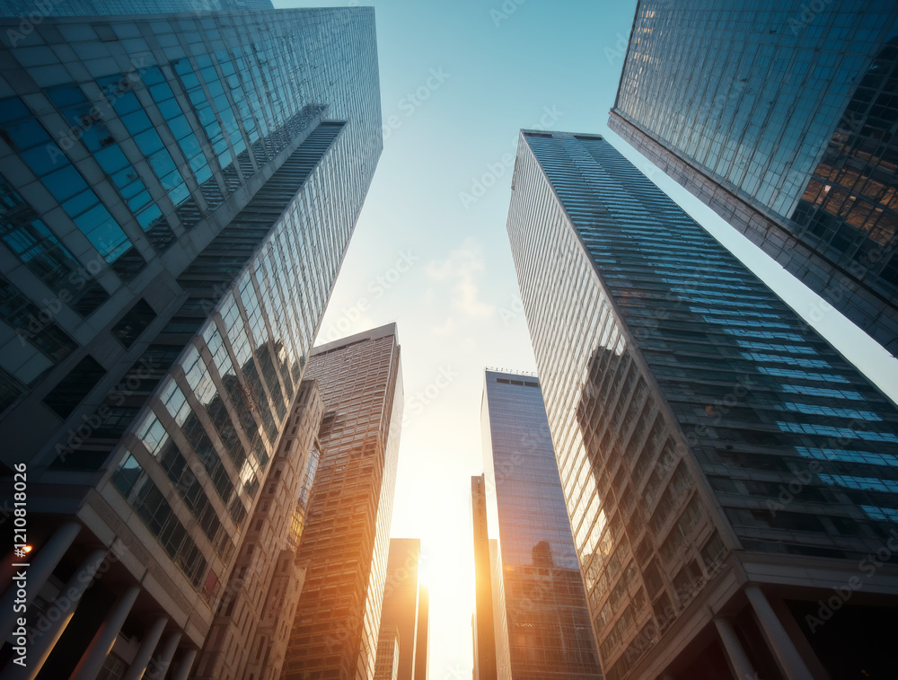 Fototapeta premium View from below of skyscrapers reflecting sunlight and blue sky