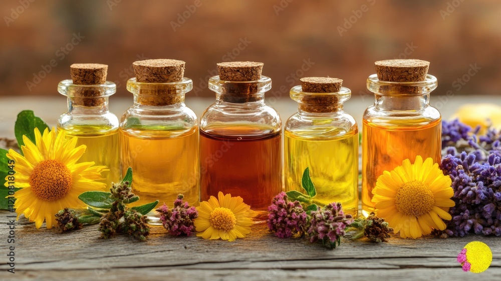 Various natural oils in glass dropper bottles. Various natural oils in glass dropper bottles.