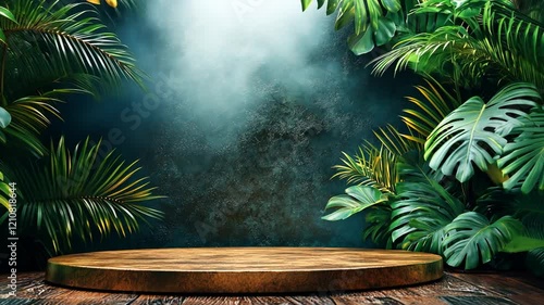 A serene tropical backdrop featuring lush greenery and a wooden platform.