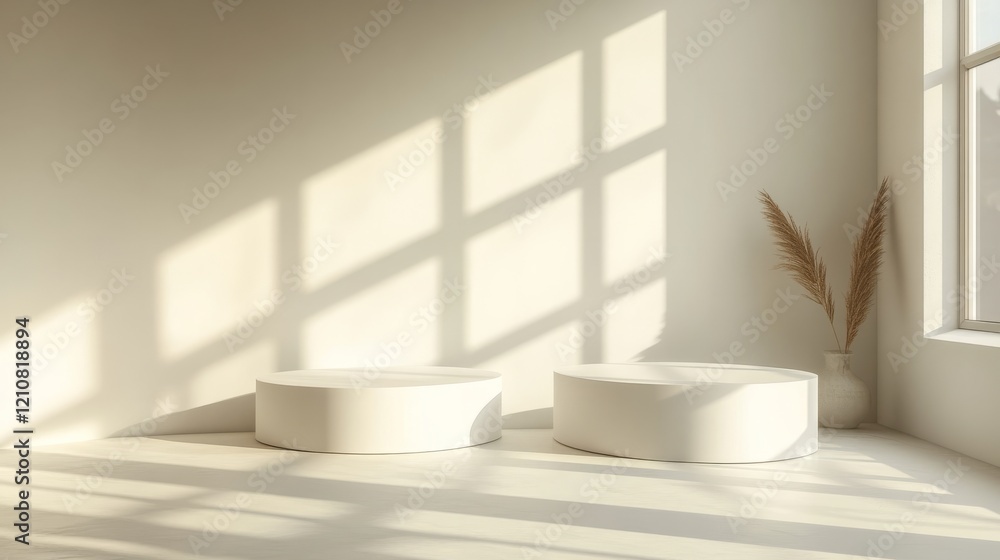 3D white round podiums in a geometric minimalist design with soft light and shadows, ideal for product display in a modern showroom 3D white round podiums in a geometric minimalist design with soft light and shadows, ideal for product display in a modern showroom