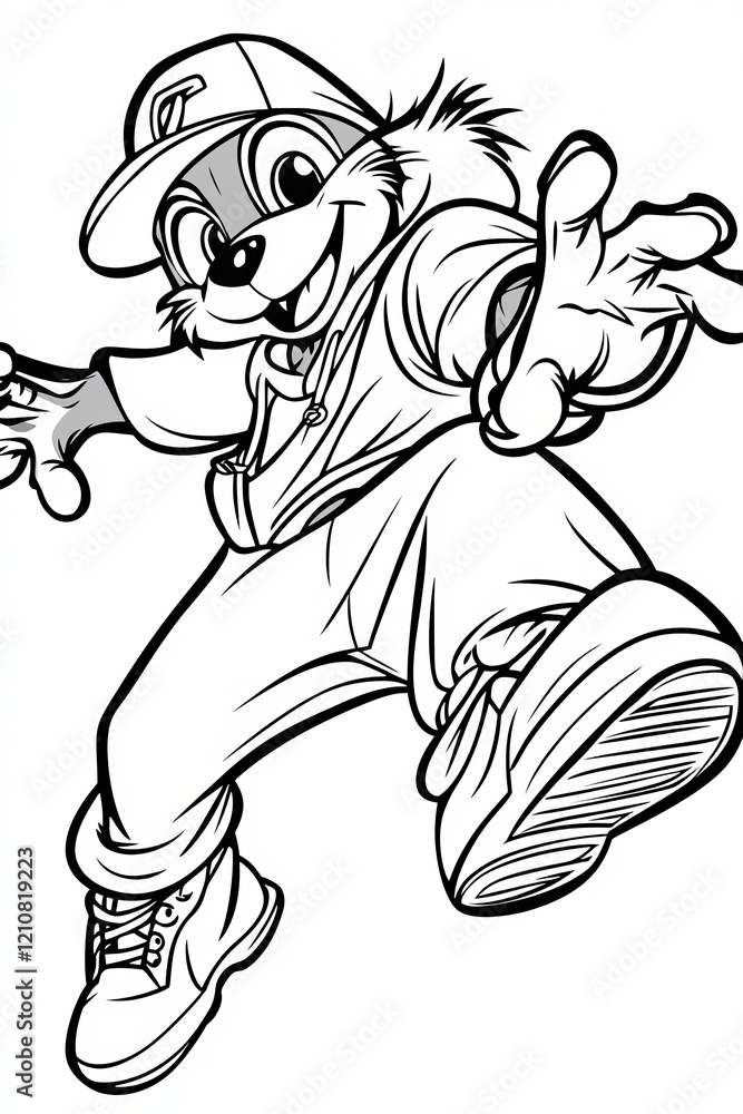 Fototapeta premium Cool cartoon animal character expressing joy, wearing a cap, casual clothes, and stylish sneakers.