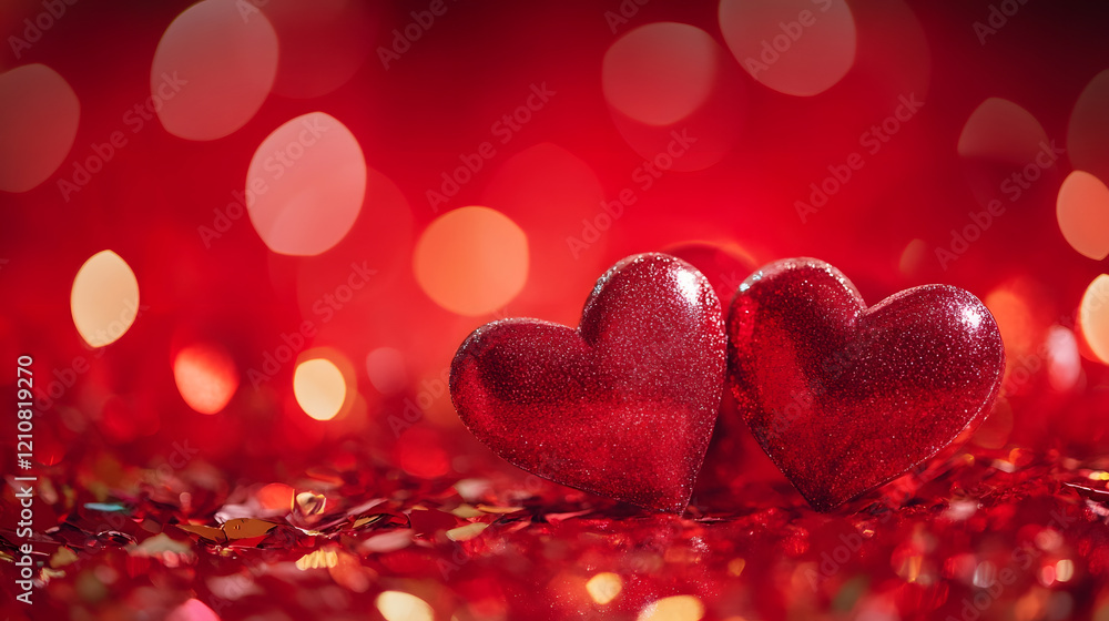 Two Glittering Red Heart-shaped Ornaments on Sparkling Red Background for Valentine's Day : Generative AI Two Glittering Red Heart-shaped Ornaments on Sparkling Red Background for Valentine's Day : Generative AI