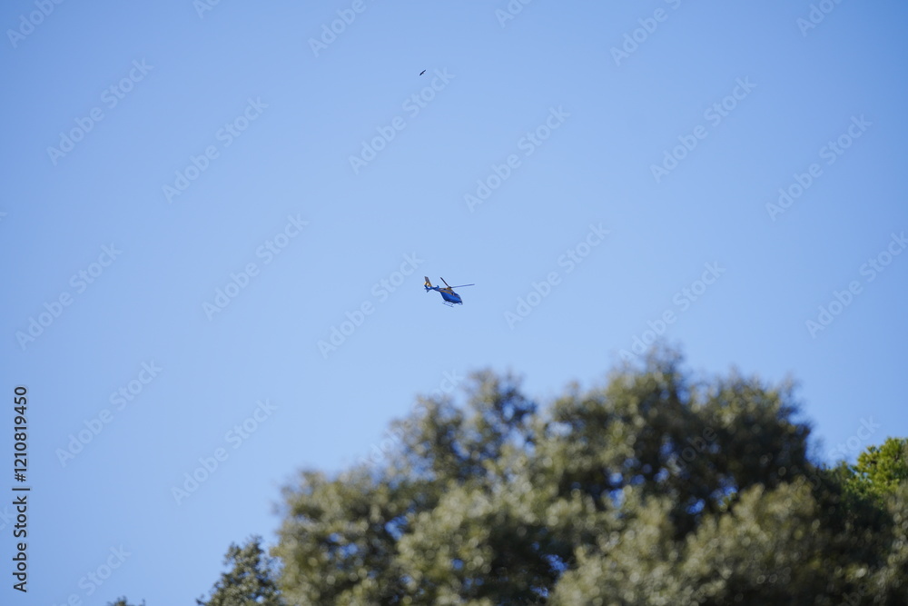 Helicopter flying in blue sky over green trees Helicopter flying in blue sky over green trees