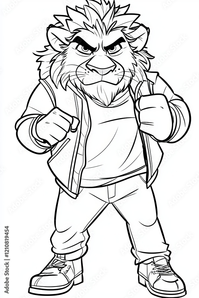 A fierce, cartoon lion character with an assertive pose, exuding confidence and strength in casual attire. A fierce, cartoon lion character with an assertive pose, exuding confidence and strength in casual attire.