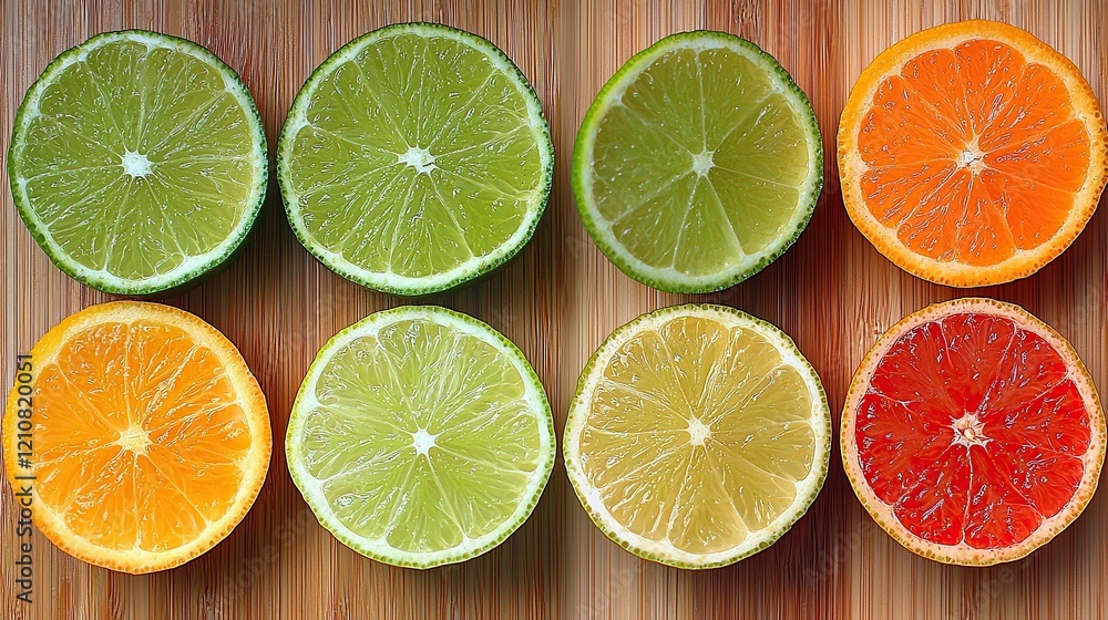 Obraz premium Colorful citrus fruits arranged in neat rows on a wooden surface showcasing their vibrant colors and freshness