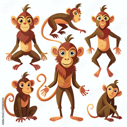 Playful Monkey Collection: A playful group of cartoon monkeys, each with unique poses and expressions, showcasing the mischievous charm and energy of these lively primates.