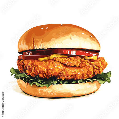 Crispy Fried Chicken burger sandwich fast food isolated on a white background. Realistic Vector illustration