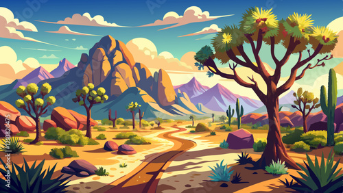 Desert Vista: An enchanting illustrated desert scene, featuring a winding path through a rugged landscape of mountains, cacti, and desert trees under a vibrant sky.