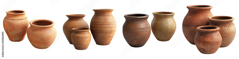 Three clay pots arranged neatly isolated on transparent background, set of Three clay pots arranged neatly isolated on transparent background, set of