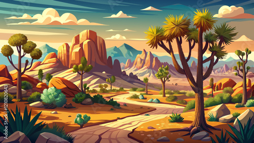 Desert Landscape Painting: Capturing the vastness and serenity of a desert landscape with colorful sky,  with the silhouette of Joshua trees. The warm sunlight casts long shadows