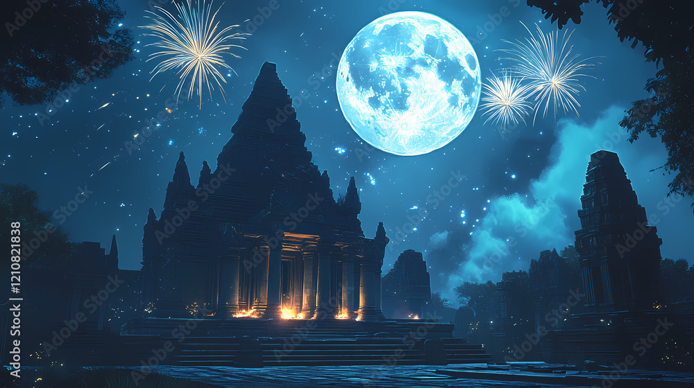 Naklejka premium Majestic ancient temple under bright blue moonlit sky with fireworks. Moonlit Temple. Illustration