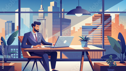 Visionary's Workspace: A focused business professional, immersed in the digital realm, gazes through a large window, contemplating the urban landscape