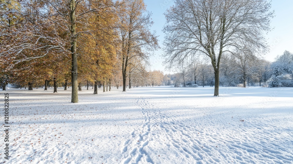 Snowy park path, autumn leaves, winter sunlight, tranquil scene, nature background Snowy park path, autumn leaves, winter sunlight, tranquil scene, nature background