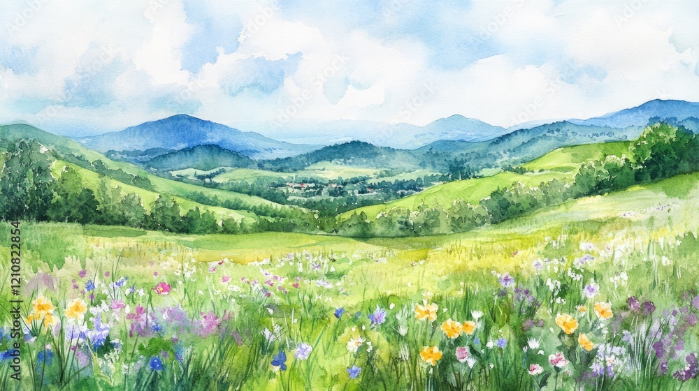 spring meadow with blooming flowers and green hills, watercolor landscape, soft and delicate hues spring meadow with blooming flowers and green hills, watercolor landscape, soft and delicate hues