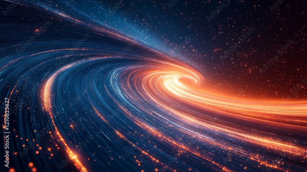 Radiant abstract composition with curved neon blue and orange light streaks glowing on a dark blue canvas Radiant abstract composition with curved neon blue and orange light streaks glowing on a dark blue canvas