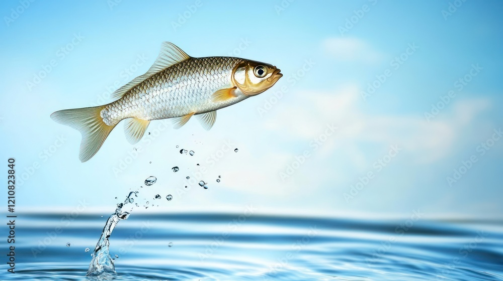 Fototapeta premium A silver fish leaps from the water, creating a splash.