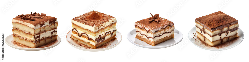 Tiramisu cake isolated on transparent background, PNG, Set of Tiramisu cake isolated on transparent background, PNG, Set of