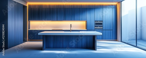 A minimalist kitchen interior rendered in 3D with deep blue wooden cabinets and a pristine quartz countertop