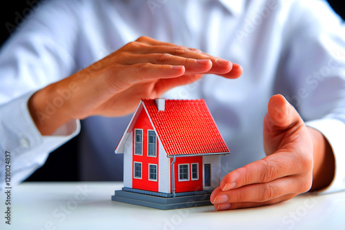 Businesspeople use their hands to shield home roofs; this idea is based on real estate investors' gestures and symbols. photo